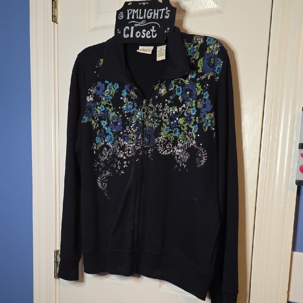 Kim Rogers Jacket Petite Large Floral Black Blue Zip Up